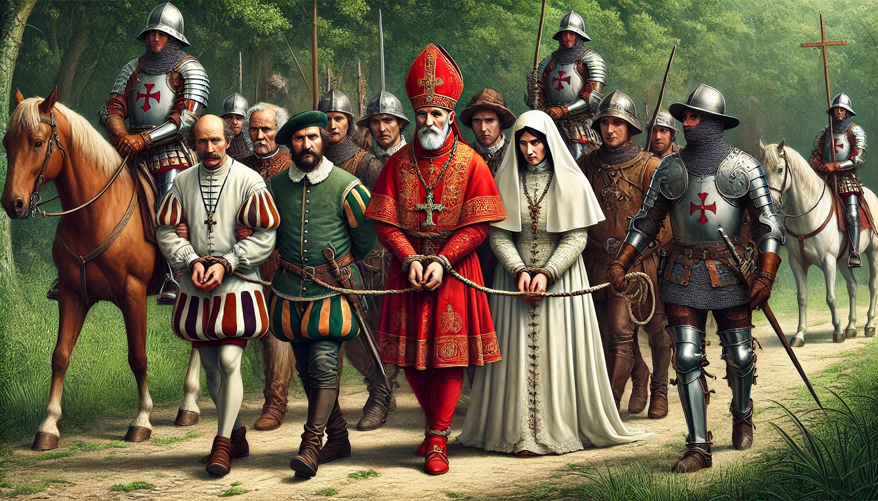 DALL·E 2024-07-28 13.57.04 – A photorealistic illustration inspired by a medieval engraving, showing prisoners under armed escort. One of the prisoners