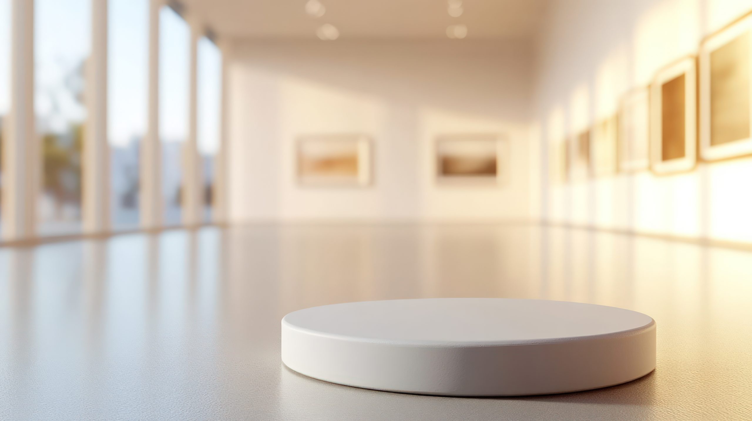 White pedestal in modern art gallery, sunlight, artwork background, product display